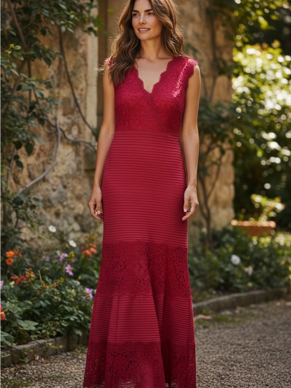 Tadashi Shoji Scalloped V-Neck Lace & Band Maxi Dress in Deep Red